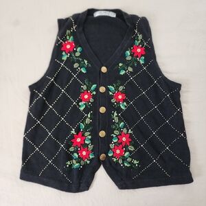 Vintage Poinsettia Christmas Black Floral Embroidered Knit Vest 1X womens